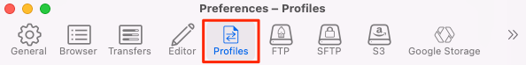 Screenshot of the Cyberduck Profiles tab